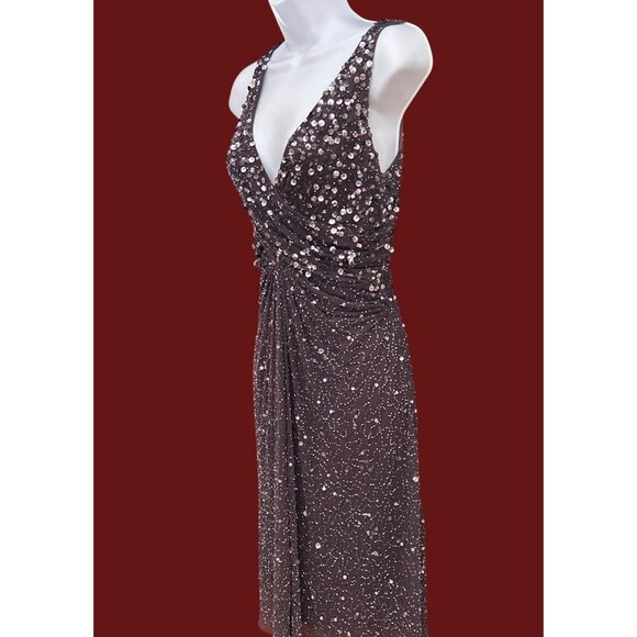 Y2K Vintage Patra Gray Beaded Sequin Cocktail Dress V-Neck Ruched Glam Sz 8 - Picture 3 of 7